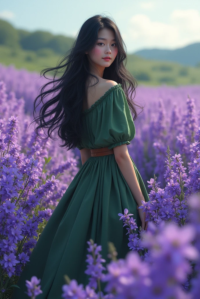 A girl with long black hair, long green dress with belt, in a field of purple flowers