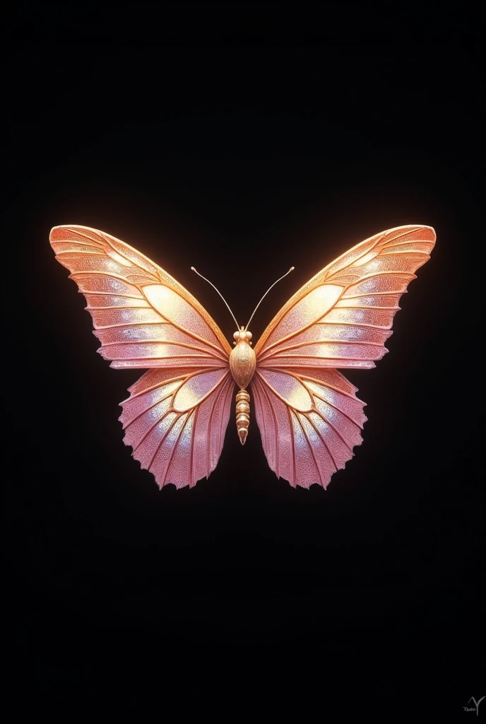 Completely black background with a butterfly in the middle of the screen, with colors in combination with pale pink and gold, iridescent and mythical art style, that has hidden details within the structure of the drawing referring to a parrot, a sea turtle and a musical note