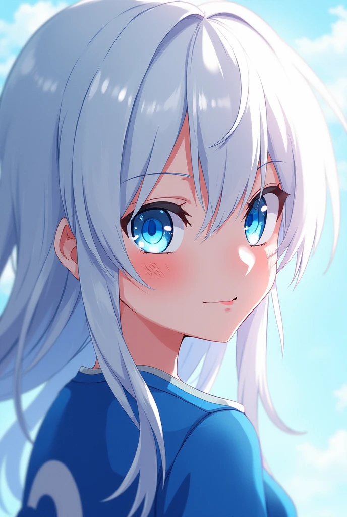 Haikyuu anime girl with blue eyes and white hair with white eyelashes too.
