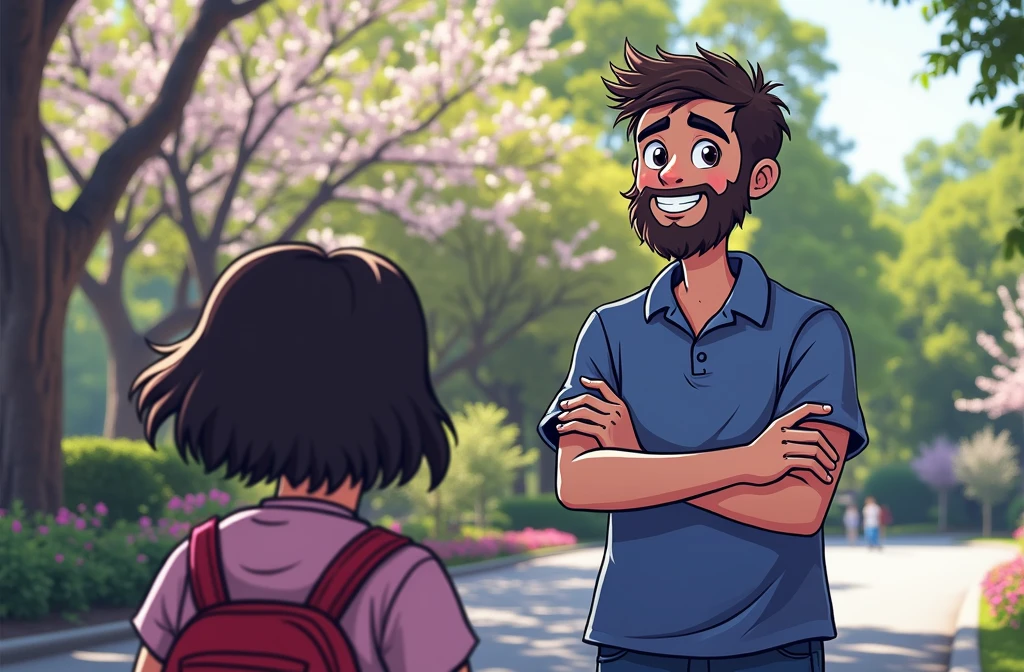 cartoon style, short hair, little beard and smiling with a park in the background
