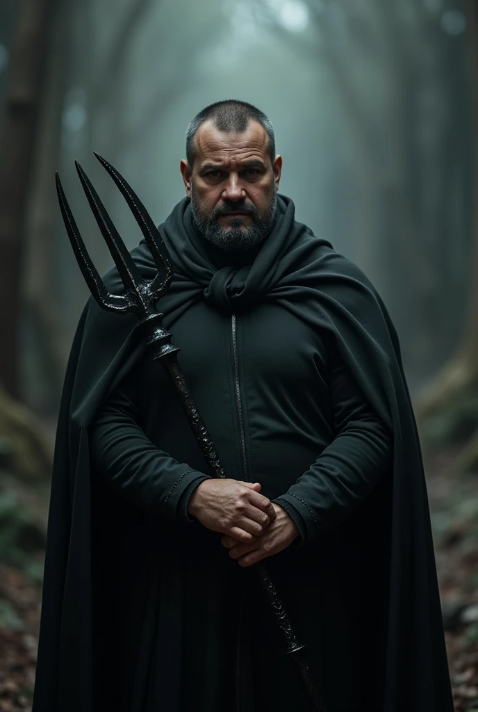 create the panoramic view image, realistic of a gentleman WITHOUT A BEARD ON HIS FACE, Light-skinned Black man, face northeastern clothing, facing forward, He doesn&#39;t have a beard, middle-age, sobrepeso, weighing around 80 kg, shorth hair, looking at front, with black clothes and cape, black shoe, holding a black 3-pronged trident crossed in front of his body at a 45° angle. It&#39;s dark and you can&#39;t see your face. the scene in the background is Dante&#39;s Inferno.