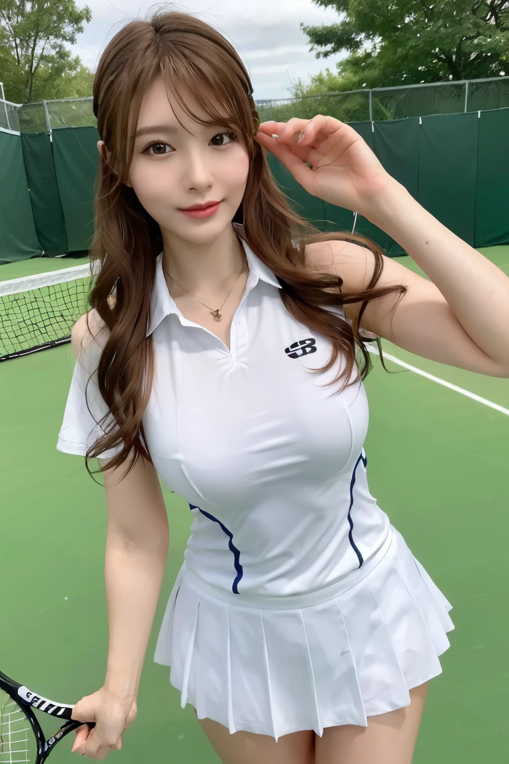 ((Tennis uniform)),One person,Sexy pose,Highest quality,masterpiece,figure,Very delicate and beautiful,CG,Unity,8k wallpaper,wonderful,In detail,masterpiece,Official Art,Very detailed CG Unity 8k wallpaper,Incredibly absurd,Large file size,Very detailed,High resolution,Very detailed,Beautiful detailed,Realistic,Soft Light,from the front,Daytime,Outdoor,whole body,