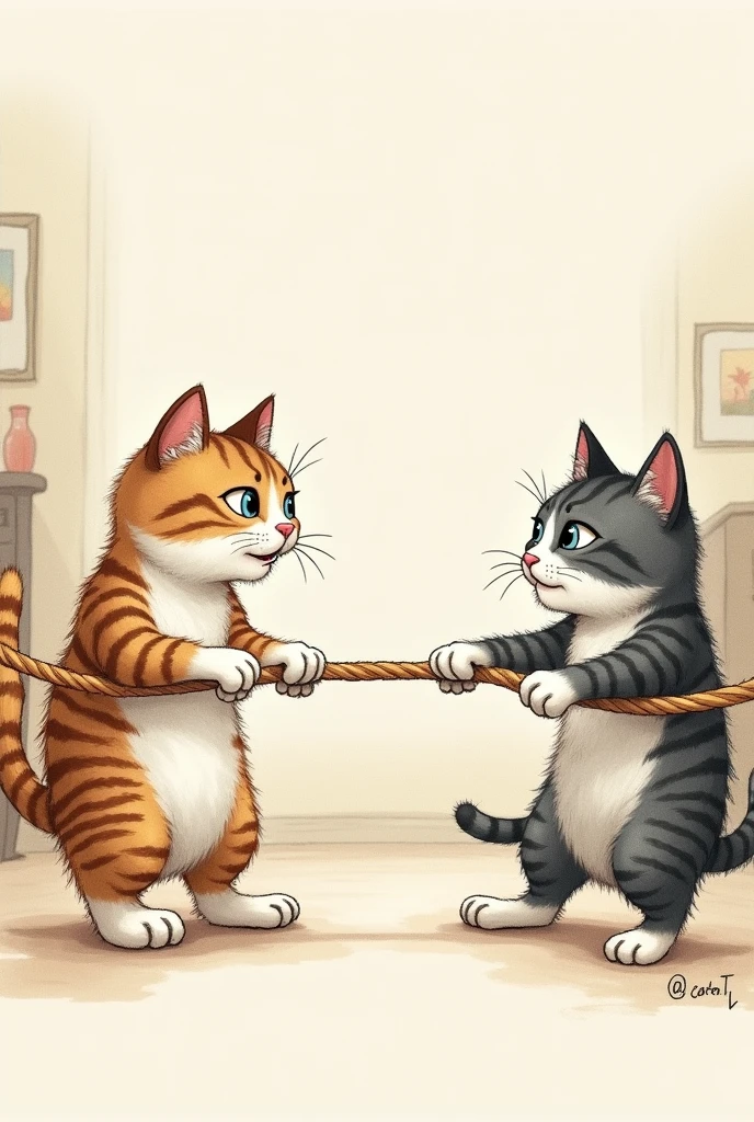 Drawing of two cats pulling a rope in their mouths