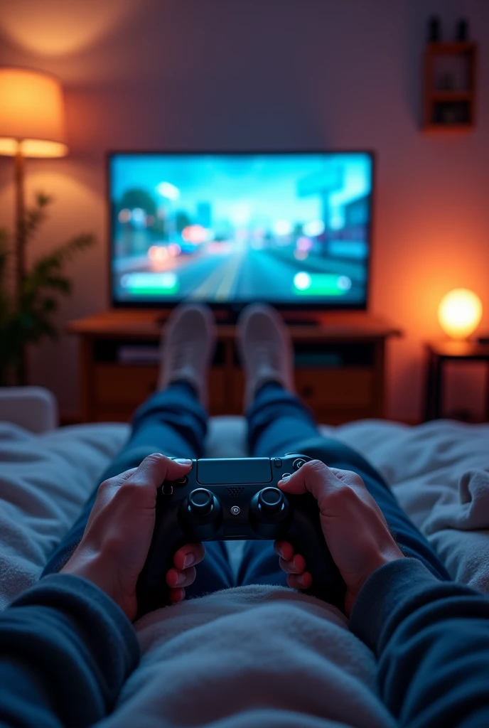 Take a first person view playing video games on TV in bedroom lying on bed