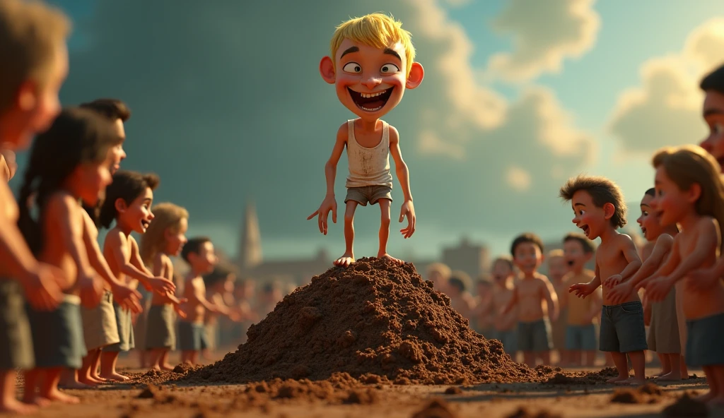 Im Stil von Pixar 3D-Animation filmen (Caricature). A blond man, skinny figure, dirty white undershirt, grinning evilly stands on a large pile of feces. People stand around and pay homage to him.