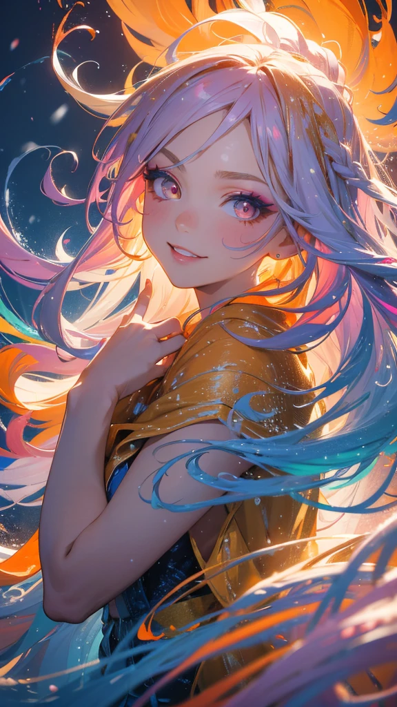 Masterpiece, best quality, one smiling girl, colorful light background, (snow falling) ((swirling swirls, colorful hair)), wearing white shirt and denim shorts, ((long hair)), ((right side)), emotional face, close-up, studio light, studio, (((makeup portrait, pink eyeshadow))), ((golden and orange swirling swirls on face, colorful snow, lots of feathers)), bold pose, shot from different angles