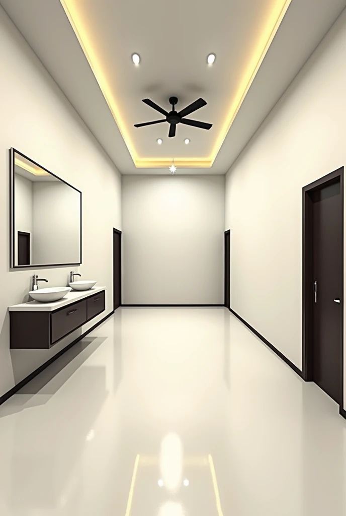 Make a picture of a room which is looks in rectangular shape, 12 meter long and 10 meter wide and 12 meter long walls having a false celling and a fan in the center of thr roof from the door you entered its opposite wall is plpainted in whitecolor and the right hand side wall of the door you have entered this wall having two parallel doors in it one is the washroom and other opens in the lounge of the house , left hand side wall of the door u have entered having a big rectangular mirror which 5 meter long and 3 meter wide