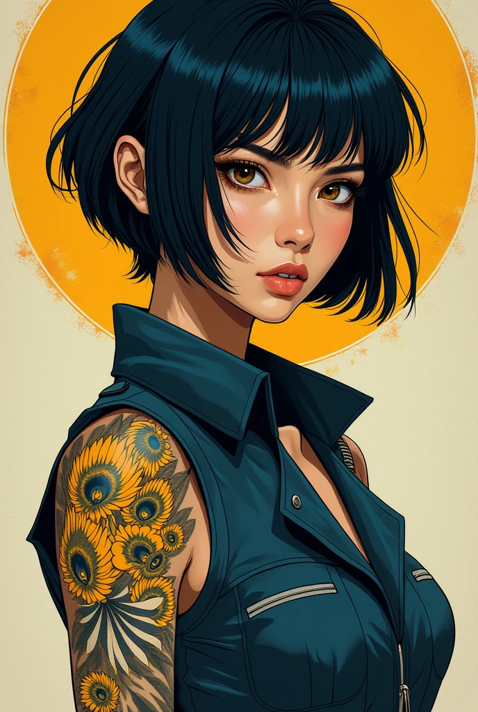 Imagine a woman of exotic beauty, Asian physiognomy but not with an Arabic touch, skin as white as porcelain, brown slanted eyes, thick eyebrows, with a look that can be both soft and intense.with a neotraditional Japanese yellow peacock tattoo,on his arm, contrasts with his pilot uniform, revealing a complex and fascinating personality.Comic short dark blue-black hair prominent nose large slightly elongated face comic type tall thin build