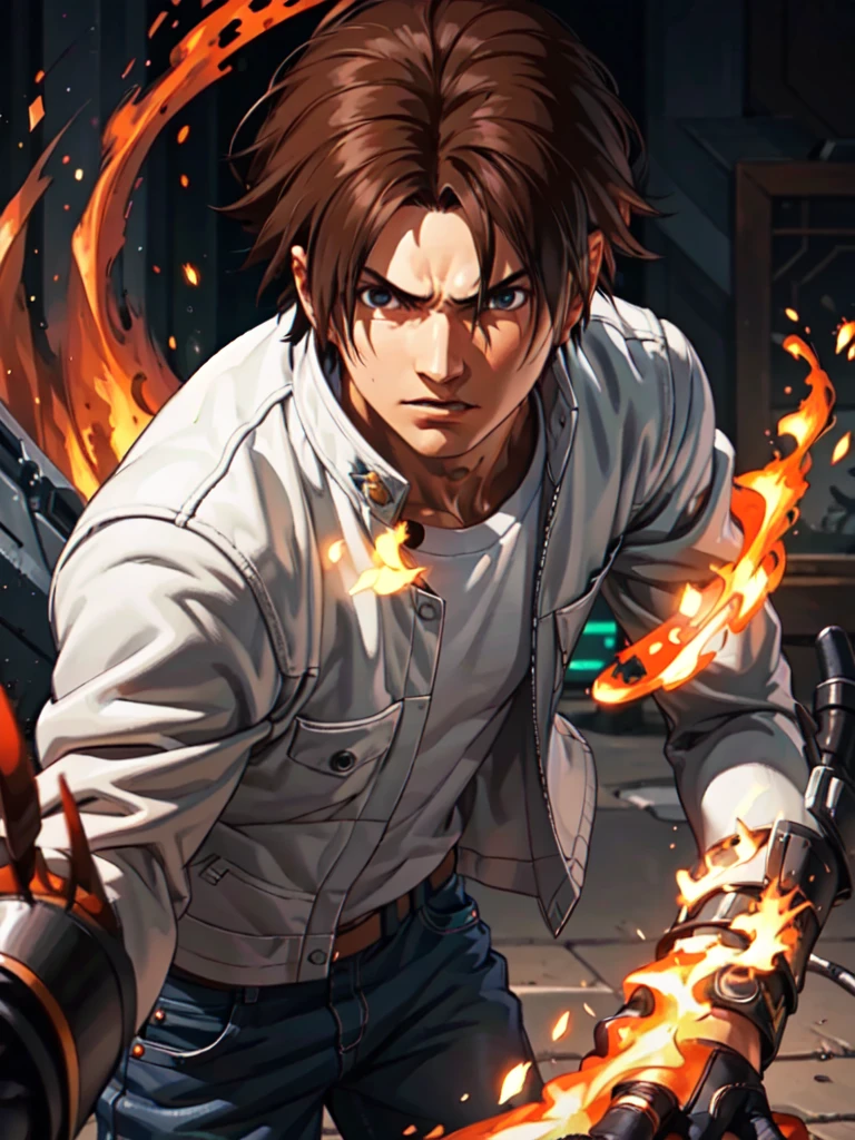 Masterpiece, highest quality, ultra realistic, intricate details, 8k, 4k, professional illustration of kyo kusanagi,, (perfect hands), serious look|expression, fire vortex