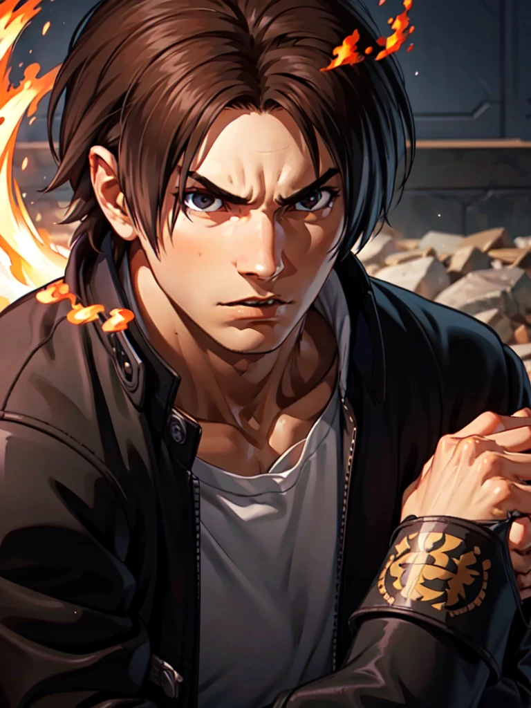 Masterpiece, highest quality, ultra realistic, intricate details, 8k, 4k, professional illustration of kyo kusanagi,, (perfect hands), serious look|expression, fire vortex