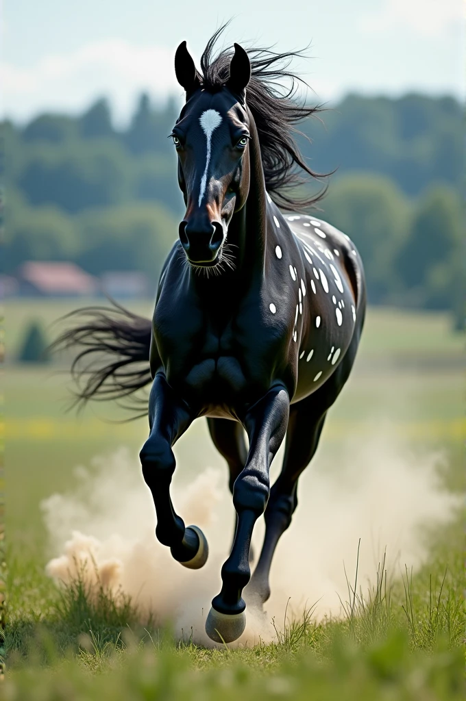 Black horse with white spots and blue eyes running 