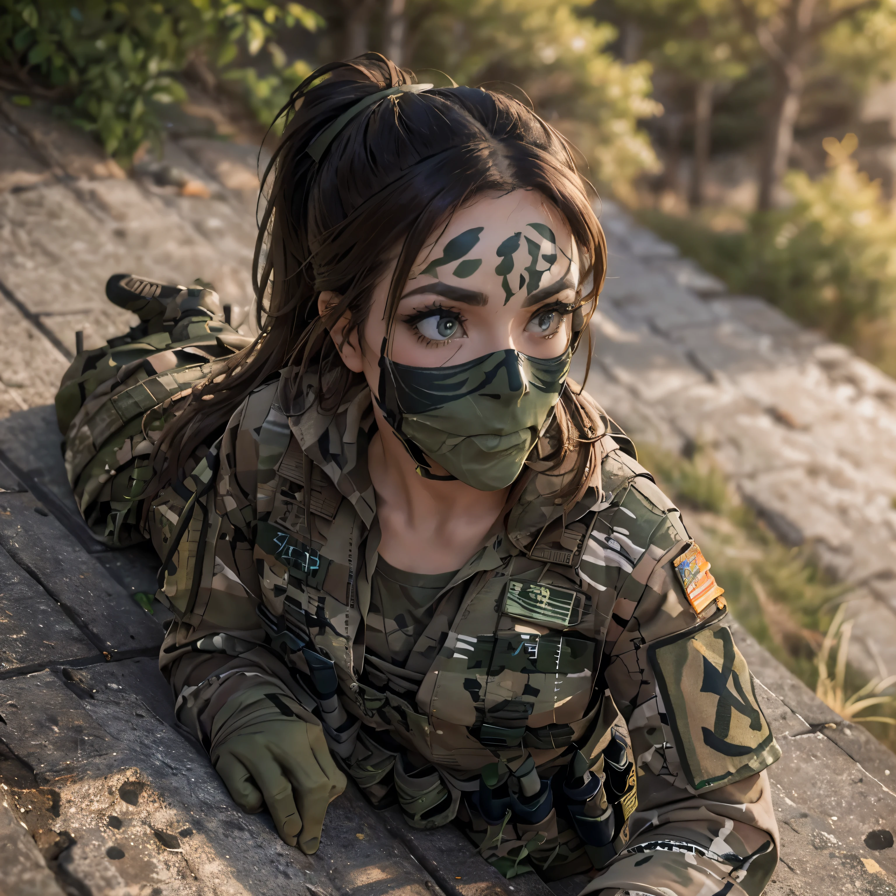 Woman, Brown Hair, Ponytail. Large Breasts, Cleavage, Green Army Fatigues, Huge Army Backpack, Camouflage Body Paint, ((Camouflage Face Paint)), (Face Fully Painted), Hilltop, Laying Down Siting through Sniper Rifle