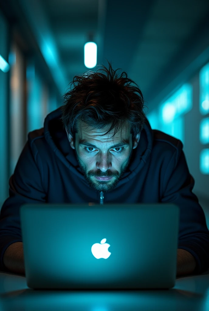 man, frustrated, using a laptop, interacting with artificial intelligence, desperate, cyberpunk, blue indirect light, realistic style, best quality