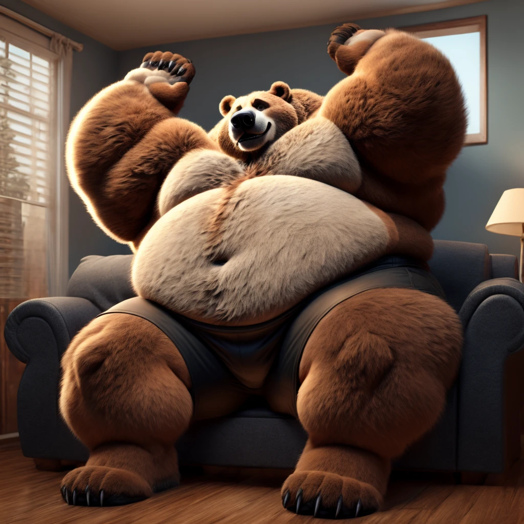 Fat Huge 450 Pounds Daddy Furry Black Grizzly Bear Big Belly and Large Chunky body and wearing Black Shorts and sitting on the Sofa His Belly is Bigger, Huge, Fat, Chunky, Furry and have his arms up wanting a hug