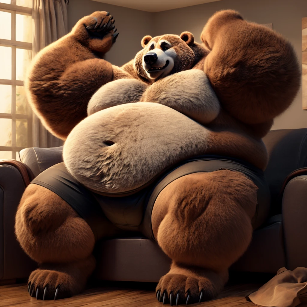 Fat Huge 450 Pounds Daddy Furry Black Grizzly Bear Big Belly and Large Chunky body and wearing Black Shorts and sitting on the Sofa His Belly is Bigger, Huge, Fat, Chunky, Furry and have his arms up wanting a hug