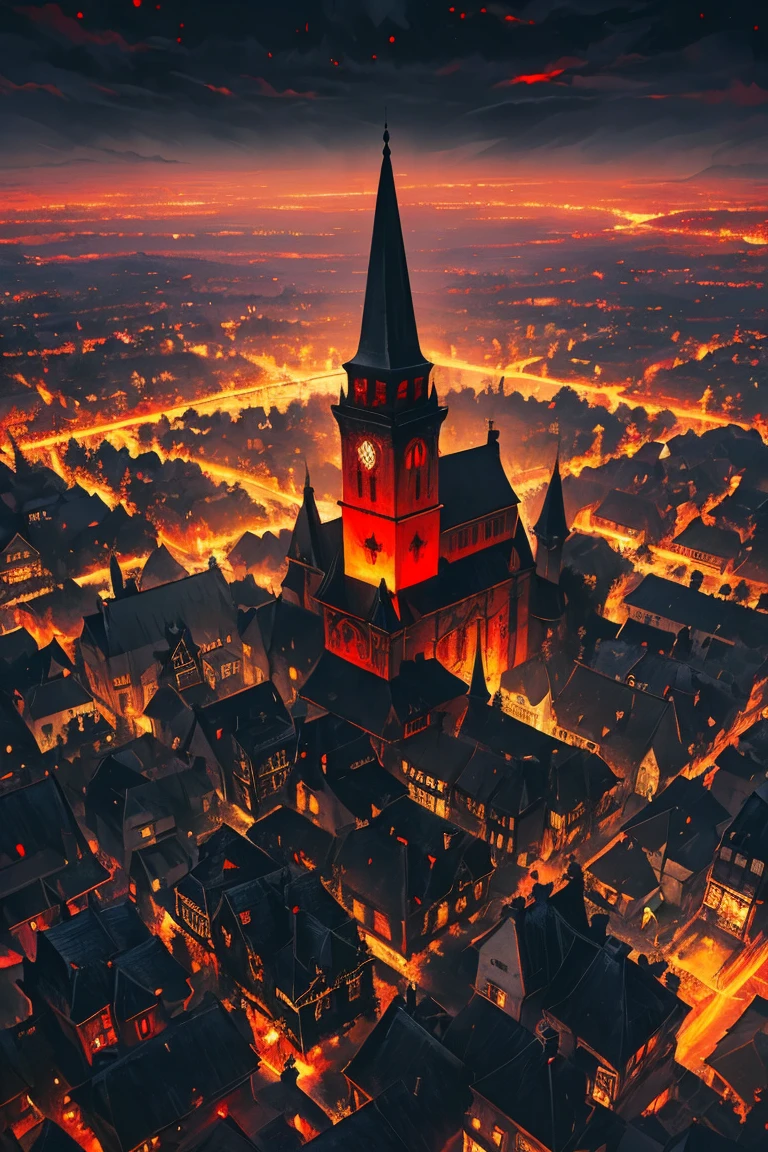old European village shot with bird view, (Red glowing eyes), masterpiece, Depth of written boundary, Lutz, Gwaites style artwork, Gothic aesthetics, Dark Vampire village, ((in the dark gothic style cathle:1)), ((dark mid-night time:1.5)),