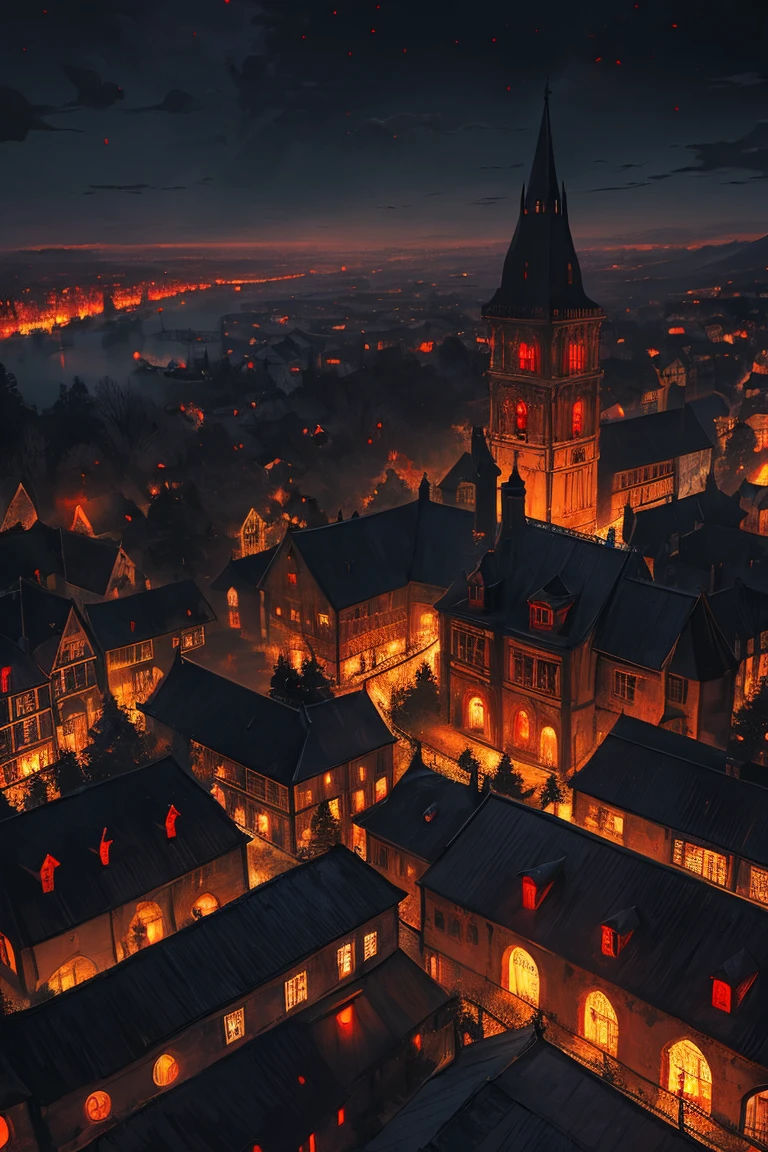 old European village shot with bird view, (Red glowing eyes), masterpiece, Depth of written boundary, Lutz, Gwaites style artwork, Gothic aesthetics, Dark Vampire village, ((in the dark gothic style cathle:1)), ((dark mid-night time:1.5)),