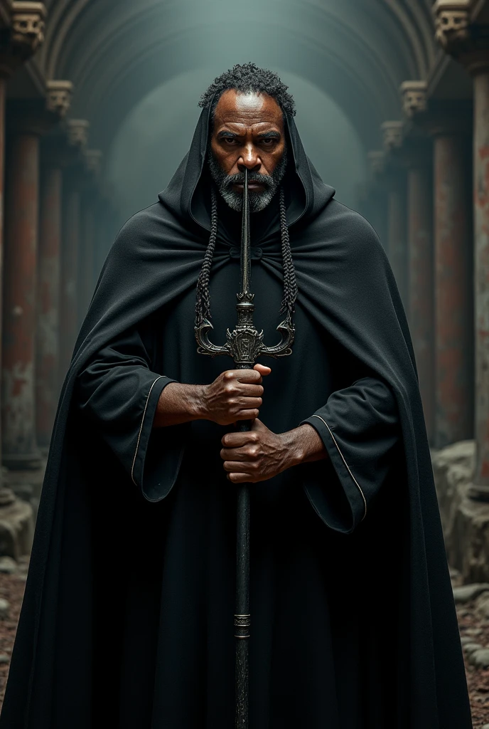 create the panoramic view image, realistic of a gentleman WITHOUT A BEARD ON HIS FACE, Light-skinned Black man, Coiled hair, face northeastern clothing, facing forward, He doesn&#39;t have a beard, middle-age, sobrepeso, weighing around 80 kg, shorth hair, looking at front, with black clothes and cape, black shoe, holding a black 3-pronged trident crossed in front of his body at a 45° angle. It&#39;s dark and you can&#39;t see your face. the scene in the background is Dante&#39;s Inferno.