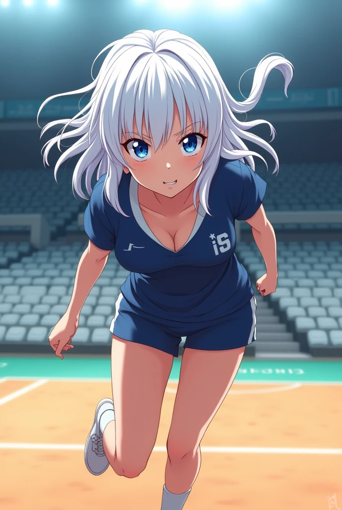 Haikyuu anime girl with blue eyes and white hair with white eyelashes also on a court
