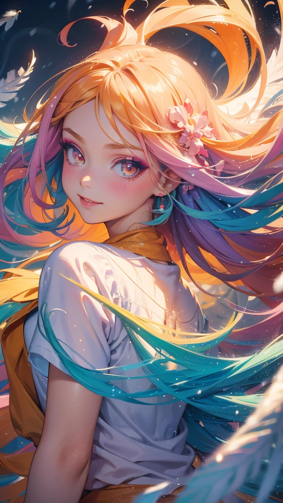 Masterpiece, best quality, one smiling girl, colorful light background, (snow falling) ((swirling swirls, colorful hair)), wearing white shirt and denim shorts, ((long hair)), ((right side)), emotional face, close-up, studio light, studio, (((makeup portrait, pink eyeshadow))), ((golden and orange swirling swirls on face, colorful snow, lots of feathers)), bold pose, shot from different angles