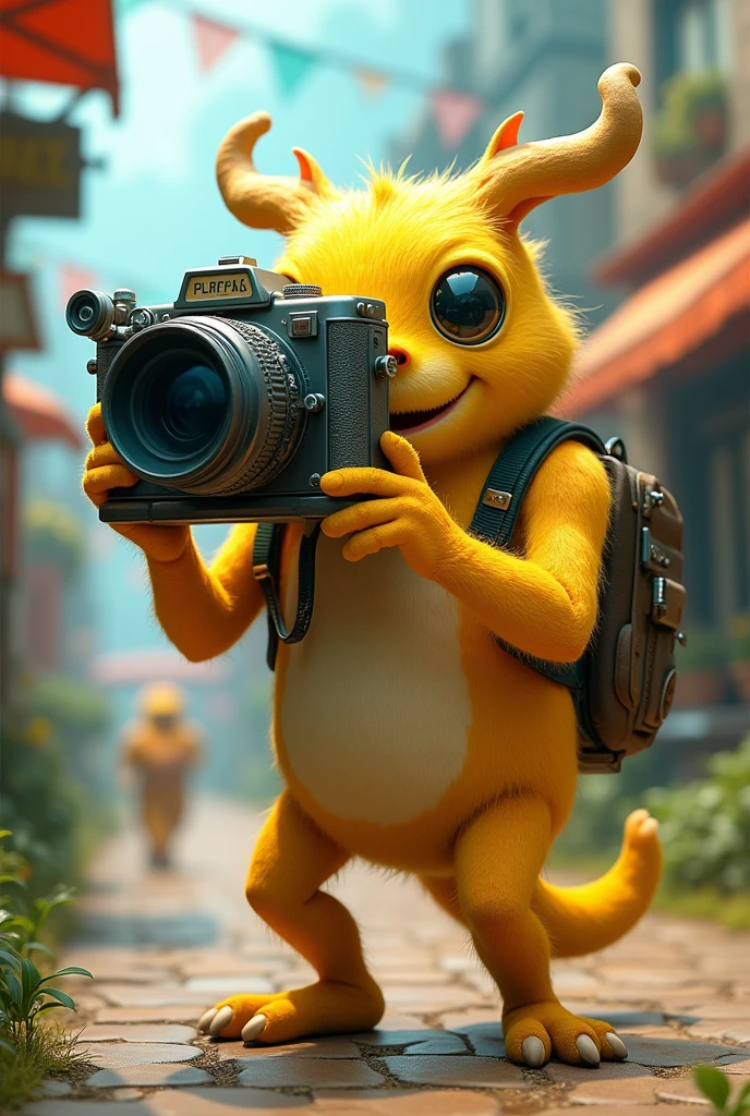 Big yellow bits taking a photo with his camera