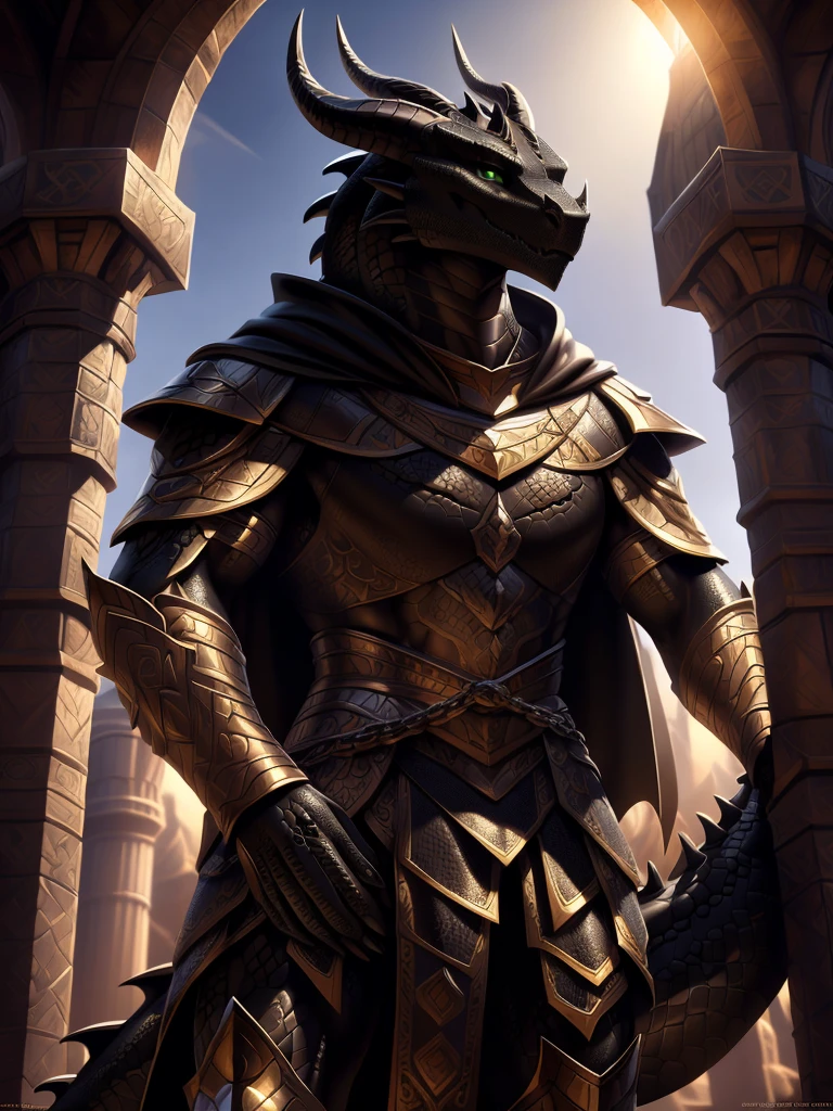 Realistic, detailed, beautiful, masterpiece, HDR, castle interior background, fantasy setting, king, ((gold armor, gold breast plate, chain mail, gold pauldrons, gold greaves, gold leg armor, wearing gold armor, black robes, black cloak, wearing black robes and cloak)) dragon, anthro, male, male body, black skin, (black scales:1.9), (two long thin horns:1.3), green eyes, detailed eyes, perfectly shaped body, confident majestic pose, finger black claws, masculine facial features, seductive gaze, neutral facial expression, black pointed ears, standing tall, out doors, daytime, close-up, portrait, face focus,
(detailed Bonifasko lighting), (detailed scales), (detailed skin), (male dragonborn), BREAK, ((long flowing tail)), ((facing viewer)), (cinematic lighting), ((detailed background)), ((portrait view)), (((close-up))), (good lighting), [backlighting], [crepuscular ray], [detailed ambient light], [gray natural lighting], [ambient light on the belly], (higher wildlife feral detail), [explict content], [sharp focus], (questionable content), (shaded), ((masterpiece)), furry dragonborn, reptilian face, furry Fantasy Art, furry Art, Commission for High Res, anthro Art, POV furry Art,Sakimichan beautiful, masterpiece, best quality, detailed image, bright colors, detailed face, perfect lighting, perfect shadows, perfect eyes, green eyes, flawless face, face focus, (masterpiece:1.21), (best quality:1.2), (illustration:1.2), (cinematic lighting:1.3), detailed scales, balanced coloring, global illumination, ray tracing, good lighting, scales, anthro, well lit 