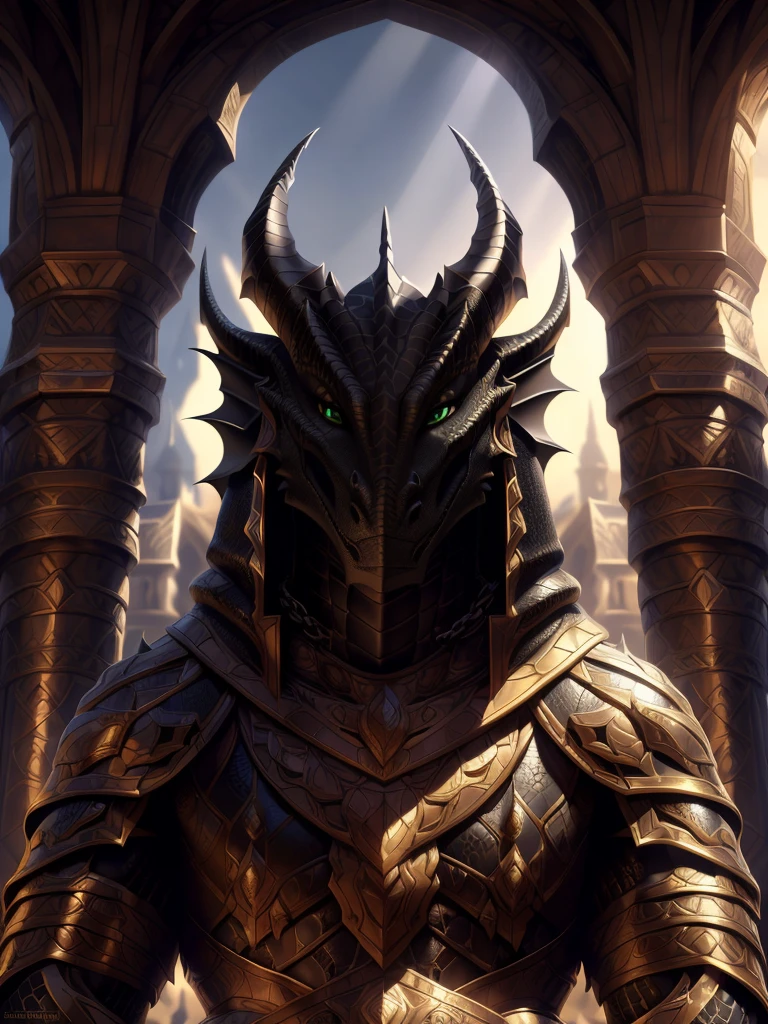Realistic, detailed, beautiful, masterpiece, HDR, castle interior background, fantasy setting, king, ((gold armor, gold breast plate, chain mail, gold pauldrons, gold greaves, gold leg armor, wearing gold armor, black robes, black cloak, wearing black robes and cloak)) dragon, anthro, male, male body, black skin, (black scales:1.9), (two long thin horns:1.3), green eyes, detailed eyes, perfectly shaped body, confident majestic pose, finger black claws, masculine facial features, seductive gaze, neutral facial expression, black pointed ears, standing tall, out doors, daytime, close-up, portrait, face focus,
(detailed Bonifasko lighting), (detailed scales), (detailed skin), (male dragonborn), BREAK, ((long flowing tail)), ((facing viewer)), (cinematic lighting), ((detailed background)), ((portrait view)), (((close-up))), (good lighting), [backlighting], [crepuscular ray], [detailed ambient light], [gray natural lighting], [ambient light on the belly], (higher wildlife feral detail), [explict content], [sharp focus], (questionable content), (shaded), ((masterpiece)), furry dragonborn, reptilian face, furry Fantasy Art, furry Art, Commission for High Res, anthro Art, POV furry Art,Sakimichan beautiful, masterpiece, best quality, detailed image, bright colors, detailed face, perfect lighting, perfect shadows, perfect eyes, green eyes, flawless face, face focus, (masterpiece:1.21), (best quality:1.2), (illustration:1.2), (cinematic lighting:1.3), detailed scales, balanced coloring, global illumination, ray tracing, good lighting, scales, anthro, well lit 