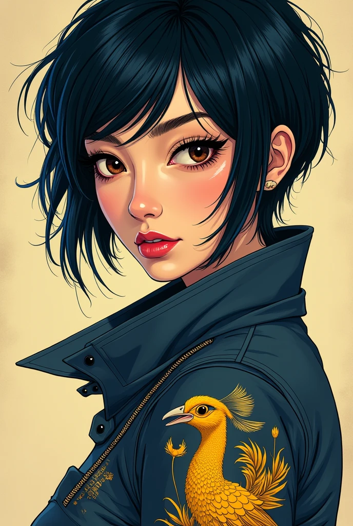 Imagine a woman of exotic beauty, Asian physiognomy but not with an Arabic touch, skin as white as porcelain, brown slanted eyes, thick eyebrows, with a look that can be both soft and intense.with a neotraditional Japanese yellow peacock tattoo,on his arm, contrasts with his pilot uniform, revealing a complex and fascinating personality.Comic short dark blue-black hair prominent nose large slightly elongated face comic type tall thin build