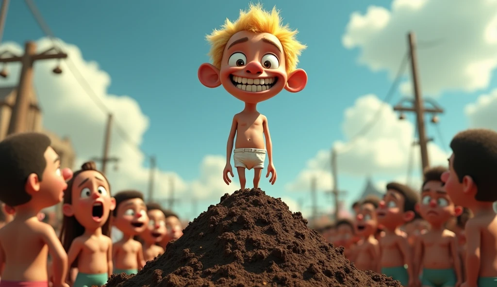 Im Stil von Pixar 3D-Animation filmen (Caricature). A blond man, skinny figure, dirty white undershirt, grinning evilly stands on a large pile of cow dung. People stand around and pay homage to him.
