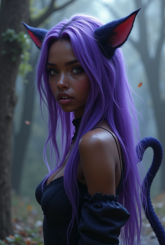 Black girl with purple hair lion tail fangs and cat ears