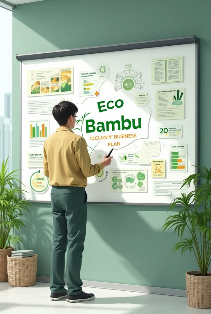 I want a person in an office making the eco-bamboo business plan on a whiteboard( ECOBAMBU has to be big in the middle of the board, statistics, Photos, pollution problems, etc