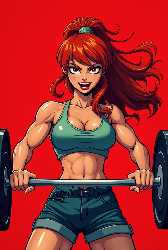 ((Best Quality)), ((masterpiece)), (detailed), 1 girl, A close-up of a cartoon of a woman lifting a barbell, an album cover inspired by Richard Pionk, pixiv, Shock Art, Phonk album cover, Phonk Music Background, ultra phoenix, Popular on Pixiv, anime cover,redhead,Wild,Red background