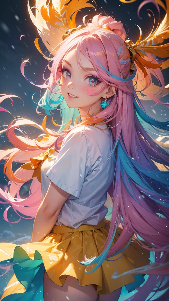 Masterpiece, best quality, one smiling girl, colorful light background, (snow falling) ((swirling swirls, colorful hair)), wearing white shirt and denim shorts, ((long hair)), ((right side)), emotional face, close-up, studio light, studio, (((makeup portrait, pink eyeshadow))), ((golden and orange swirling swirls on face, colorful snow, lots of feathers)), bold pose, shot from different angles