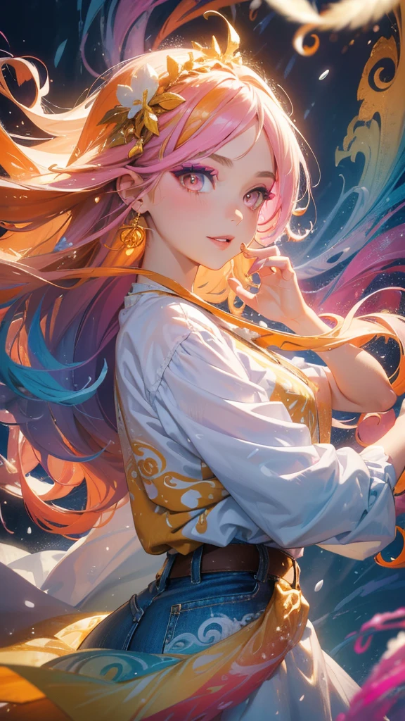 Masterpiece, best quality, one smiling girl, colorful light background, (snow falling) ((swirling swirls, colorful hair)), wearing white shirt and denim shorts, ((long hair)), ((right side)), emotional face, close-up, studio light, studio, (((makeup portrait, pink eyeshadow))), ((golden and orange swirling swirls on face, colorful snow, lots of feathers)), bold pose, shot from different angles