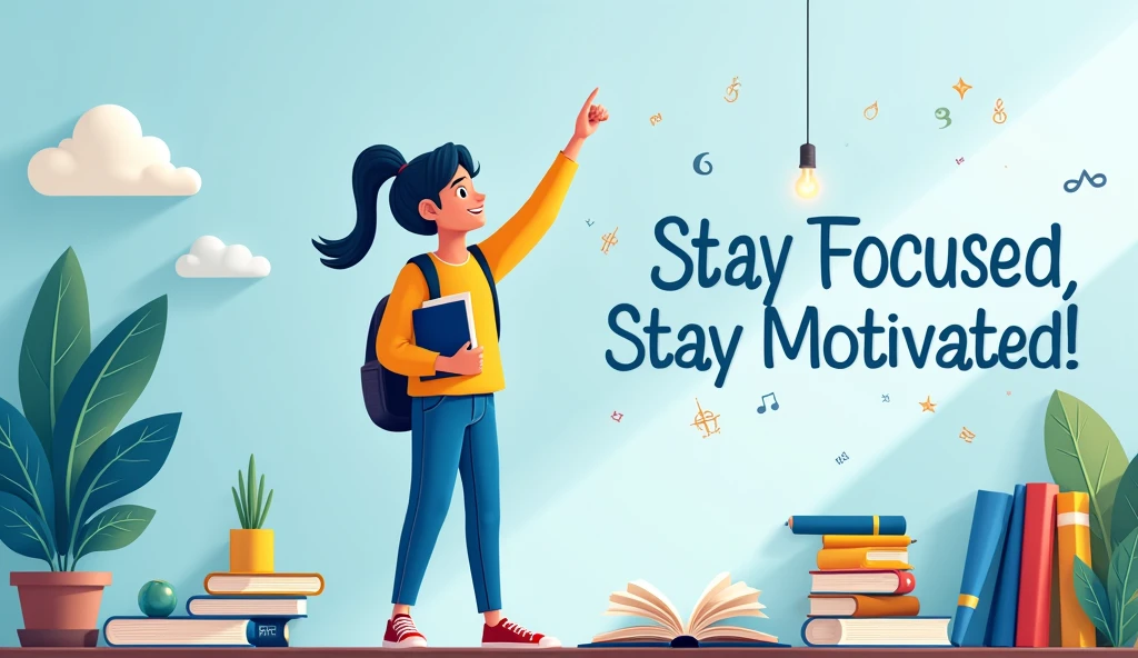 A confident student standing with a book in one hand, raising the other hand as if reaching for success.
- A background that includes elements like a study desk with open books, formulas, and a JEE logo.
- A bright, uplifting color scheme with shades of blue and yellow to evoke positivity and energy.
- A subtle musical note overlay to signify that it's a song.
- Bold text with a motivational phrase like "Stay Focused, Stay Motivated!" positioned at the top or bottom of the thumbnail.
