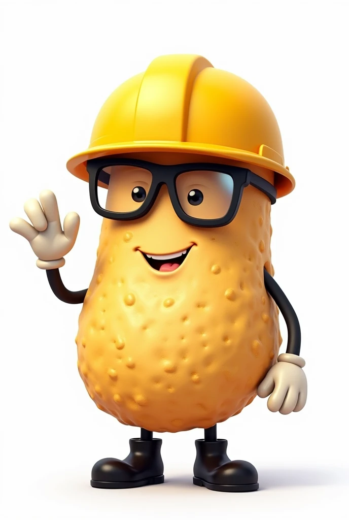create on white background. a potato chip shaped mascot with legs and boots, with arms and gloves. wearing a safety helmet and safety glasses