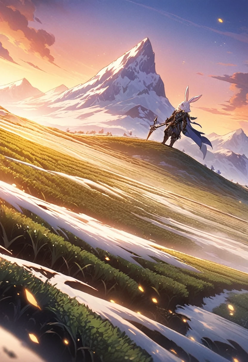Animagine XL, anime, genshin, detailed illustration, dynamic angle, ultra-detailed, illustration, beautiful illustration, elegant illustration, bunnykin, anthropomorphic rabbit, 1man, leather armor, spear, valiant, long ears, farmland, hills, irrigation, snowy mountains in background, sunset