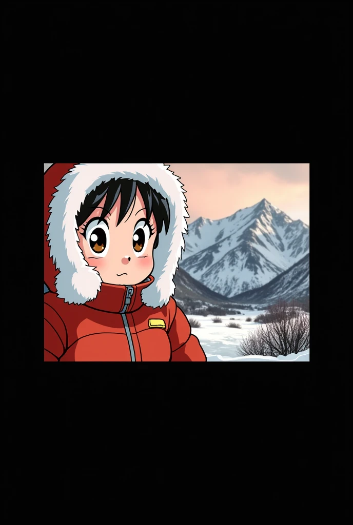 Pan (dragonball gt), fur-trimmed parka, hood up, snow, winter, mountains, Akira Toriyama art style, dragonball gt, retro, 90's anime,