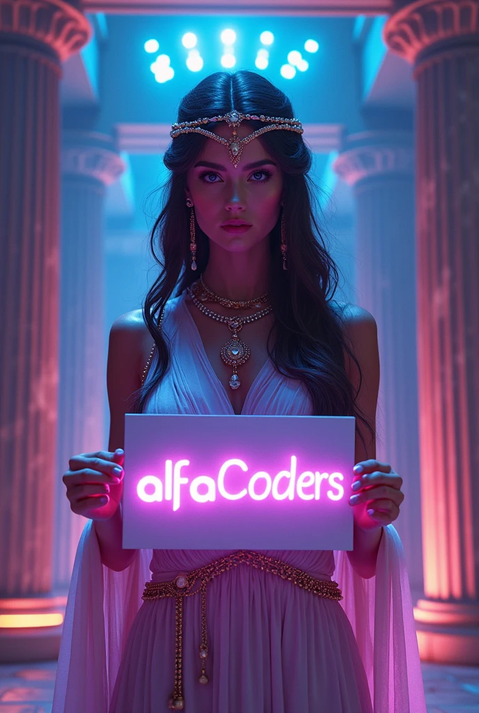 a beautiful young woman, Athena the Greek goddess, holding a sign that says "Alfa C0ders", intricate detailed face, piercing eyes, perfect skin, long flowing hair, elegant greek goddess dress, detailed ornate jewelry, intricate greek architecture background, futuristic computer programming elements, glowing neon lights, digital grid, neon purple and blue color palette, cinematic lighting, hyper detailed, photorealistic, 8k, masterpiece