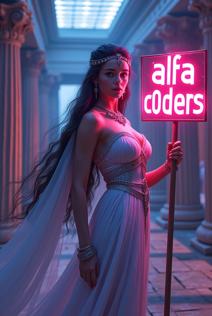 a beautiful young woman, Athena the Greek goddess, holding a sign that says "Alfa C0ders", intricate detailed face, piercing eyes, perfect skin, long flowing hair, elegant greek goddess dress, detailed ornate jewelry, intricate greek architecture background, futuristic computer programming elements, glowing neon lights, digital grid, neon purple and blue color palette, cinematic lighting, hyper detailed, photorealistic, 8k, masterpiece