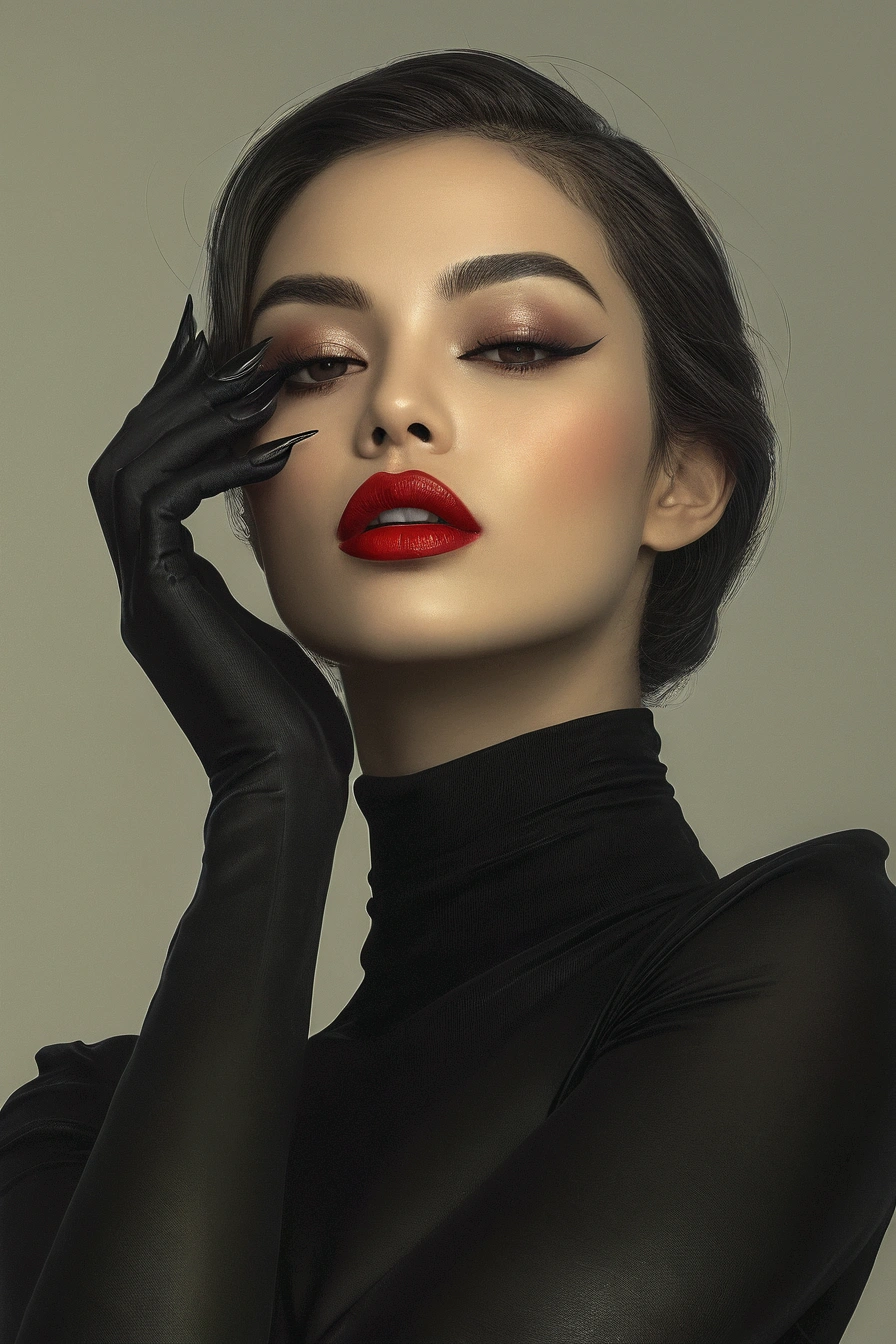 UHD ultra precise 8K digital copy of a arafed woman in black dress and red lipstick posing for a picture, digital art of an elegant, wlop glossy skin, sultry digital painting, inspired by Hedi Xandt, sexy face with full makeup, sexy red lips, portrait shot, thick red lips, with black glossy lips, mysterious glamour, glamour portrait, beauty portrait, glossy digital painting