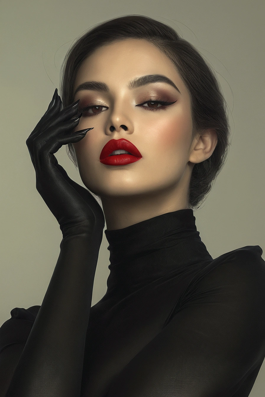 UHD ultra precise 8K digital copy of a arafed woman in black dress and red lipstick posing for a picture, digital art of an elegant, wlop glossy skin, sultry digital painting, inspired by Hedi Xandt, sexy face with full makeup, sexy red lips, portrait shot, thick red lips, with black glossy lips, mysterious glamour, glamour portrait, beauty portrait, glossy digital painting