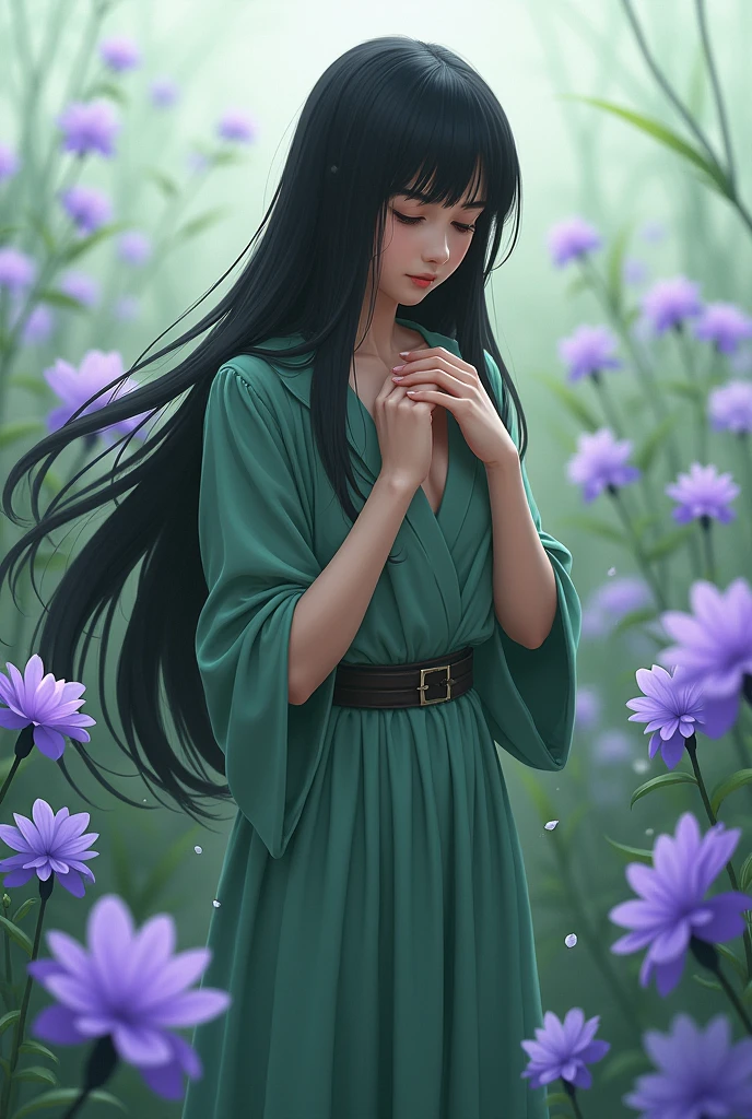A girl with long black hair, from the front looking at the hands that are joined in front of the chest, long green dress with belt, in a field of purple flowers