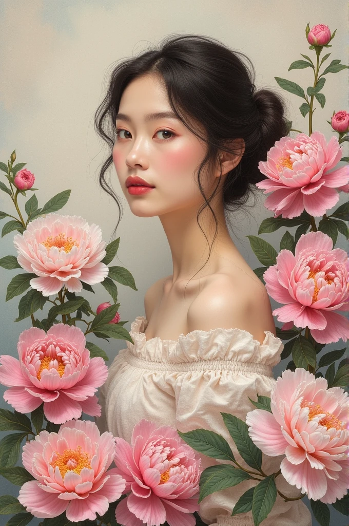 Peonies and a woman in pointillism style