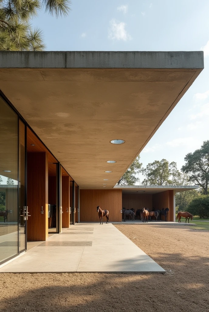 Create horse stables with the style and architectural features of Craig Ellwood