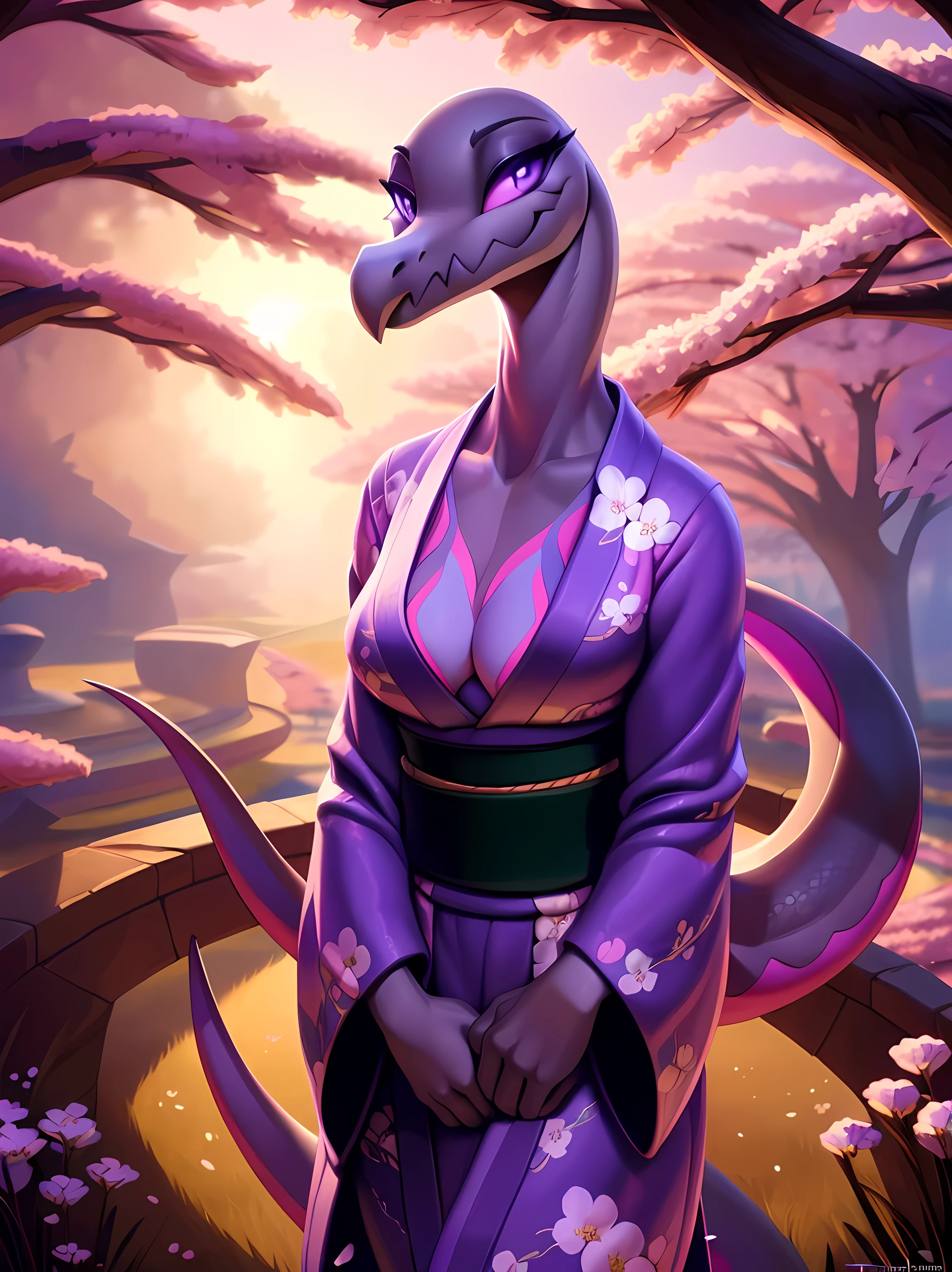 uploaded on e621, ((Salazzle)) by Pixelsketcher, by Bayard Wu, by Thomas Benjamin Kennington , by Einshelm, anthro, ((portrait)), BREAK, ((kimono:1.2)), wearing a kimono, long flowing kimono, flowers design on kimono, full body kimono)), (detailed Bonifasko lighting), (detailed scales), (detailed skin), (female Salazzle), BREAK, ((long flowing tail)), ((facing viewer)), (cinematic lighting), ((detailed background)), ((full body portrait view)), (((full body view))), (half body shadow), [backlighting], [crepuscular ray], [detailed ambient light], [gray natural lighting], [ambient light on the belly], (higher wildlife feral detail), [sharp focus], (shaded), ((masterpiece), medium breasts, furry Salazzle, reptilian face, furry Fantasy Art, furry Art, Commission for High Res, anthro Art, POV furry Art,Sakimichan beautiful, masterpiece, best quality, detailed image, bright colors, detailed face, perfect lighting, perfect shadows, perfect eyes, girl focus, purple eyes, flawless face, face focus, long flowing, reptilian girl, scales, scales woman, dragon nose, large long muzzle, colorful scales, gaze at the viewer, half-closed eyes, 1girl, full body, (masterpiece:1.21), (best quality:1.2), (illustration:1.2), (cinematic lighting:1.3), detailed scales, balanced coloring, global illumination, ray tracing, good lighting, scales, anthro, showing breasts, cleavage, looking at viewer, seductive look, (standing outside, in garden, cherry blossoms, woman looking at viewer, woman looking at camera