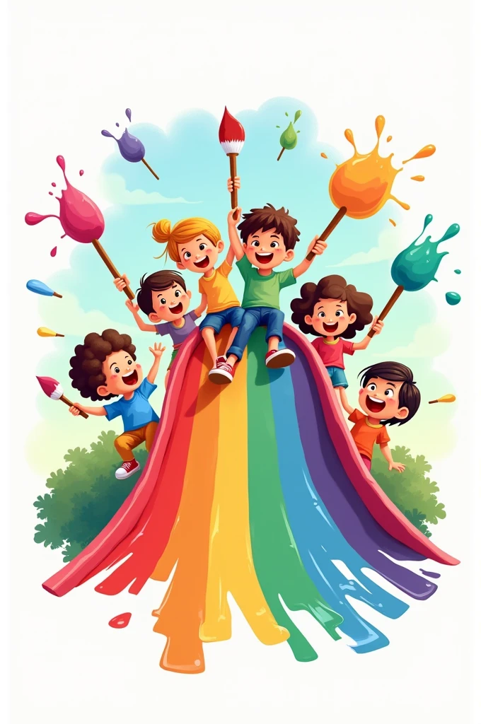Logo for educational institution as a rainbow children sliding with paintbrushes on the