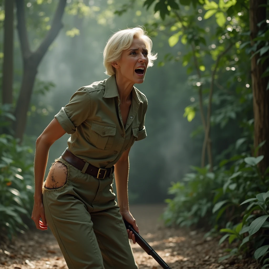 Big ass , We also see her face , , big butt , it's 1940 , We see the girl from behind. , She looks at the viewer , , A hilarious cinematic scene of a young, talented actress who looks like Doris Day, dressed as a poacher in the heart of the jungle. She is over, wearing long pants and a hunter's shirt, and holding a rifle. The edges of a large hole in her pants in the butt area have charcoal marks, and there is a significant amount of smoke emanating from her butt , Her platinum blonde hair is short and sleek, and she appears to be around 30 years old. In a sudden moment of physical comedy, the actress screams in pain, her eyes and mouth wide open, revealing a gaping hole in her pants in the butt area from a shotgun accident. The scene is captured in stunning 4K high definition, with the jungle as a backdrop, and a comedic tone throughout. , Up close . A cinematic photo of a young, talented actress resembling Doris Day with platinum blonde short hair. She is dressed as a poacher in the heart of the jungle. The actress is bent over, wearing long pants and a hunter's shirt, and holding a rifle. The edges of a big hole in her pants in the butt area have charred marks, and there's a significant amount of smoke emanating from her butt. Her platinum blonde hair is short and sleek, and she appears to be around 30 years old. The actress screams in pain, her eyes and mouth wide open, revealing a massive hole in her pants in the butt area from a shotgun accident. The scene is captured in stunning 4K high definition, with the jungle as a backdrop, and a comedic tone throughout.