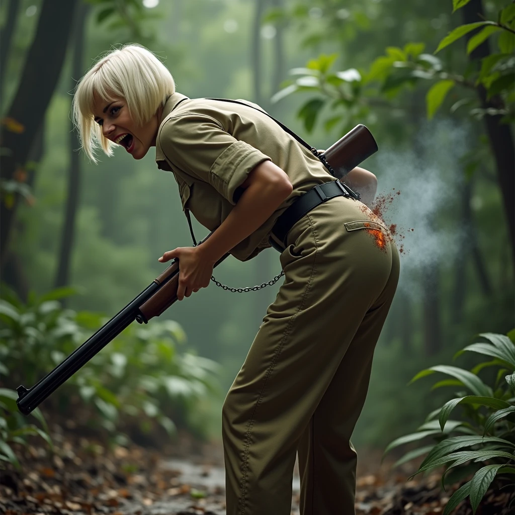 Big ass , We also see her face , , big butt , it's 1940 , We see the girl from behind. , She looks at the viewer , , A hilarious cinematic scene of a young, talented actress who looks like Doris Day, dressed as a poacher in the heart of the jungle. She is over, wearing long pants and a hunter's shirt, and holding a rifle. The edges of a large hole in her pants in the butt area have charcoal marks, and there is a significant amount of smoke emanating from her butt , Her platinum blonde hair is short and sleek, and she appears to be around 30 years old. In a sudden moment of physical comedy, the actress screams in pain, her eyes and mouth wide open, revealing a gaping hole in her pants in the butt area from a shotgun accident. The scene is captured in stunning 4K high definition, with the jungle as a backdrop, and a comedic tone throughout. , Up close . A cinematic photo of a young, talented actress resembling Doris Day with platinum blonde short hair. She is dressed as a poacher in the heart of the jungle. The actress is bent over, wearing long pants and a hunter's shirt, and holding a rifle. The edges of a big hole in her pants in the butt area have charred marks, and there's a significant amount of smoke emanating from her butt. Her platinum blonde hair is short and sleek, and she appears to be around 30 years old. The actress screams in pain, her eyes and mouth wide open, revealing a massive hole in her pants in the butt area from a shotgun accident. The scene is captured in stunning 4K high definition, with the jungle as a backdrop, and a comedic tone throughout.