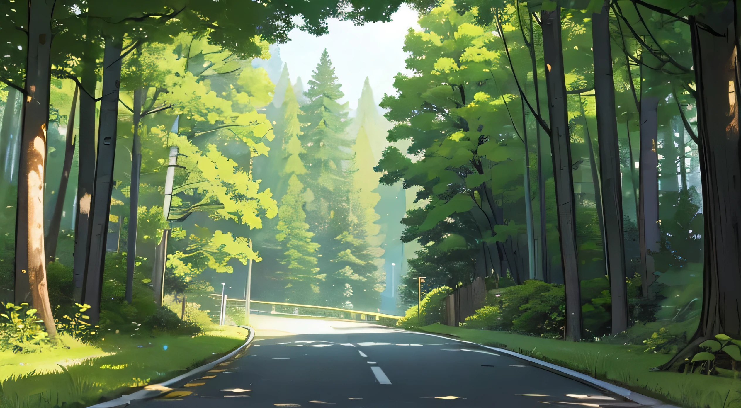 Create a serene and realistic scene of a two-lane road cutting through a dense forest. The road should be gently winding, flanked by tall, mature trees with lush green foliage, creating a natural canopy over the road. Sunlight filters through the leaves, casting dappled shadows on the pavement. A few cars are seen driving ahead, their lights faintly visible, adding a sense of movement to the tranquil setting. The atmosphere is peaceful, with the road leading deeper into the forest, inviting the viewer to imagine a quiet journey through nature. The scene is set during the day, with soft, natural lighting enhancing the greenery and the details of the road.